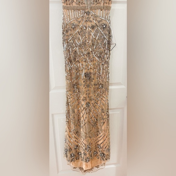 Mac Duggal 4715 Military Style Beaded sequin Fringe Sheath Gown Platinum - Picture 11 of 15